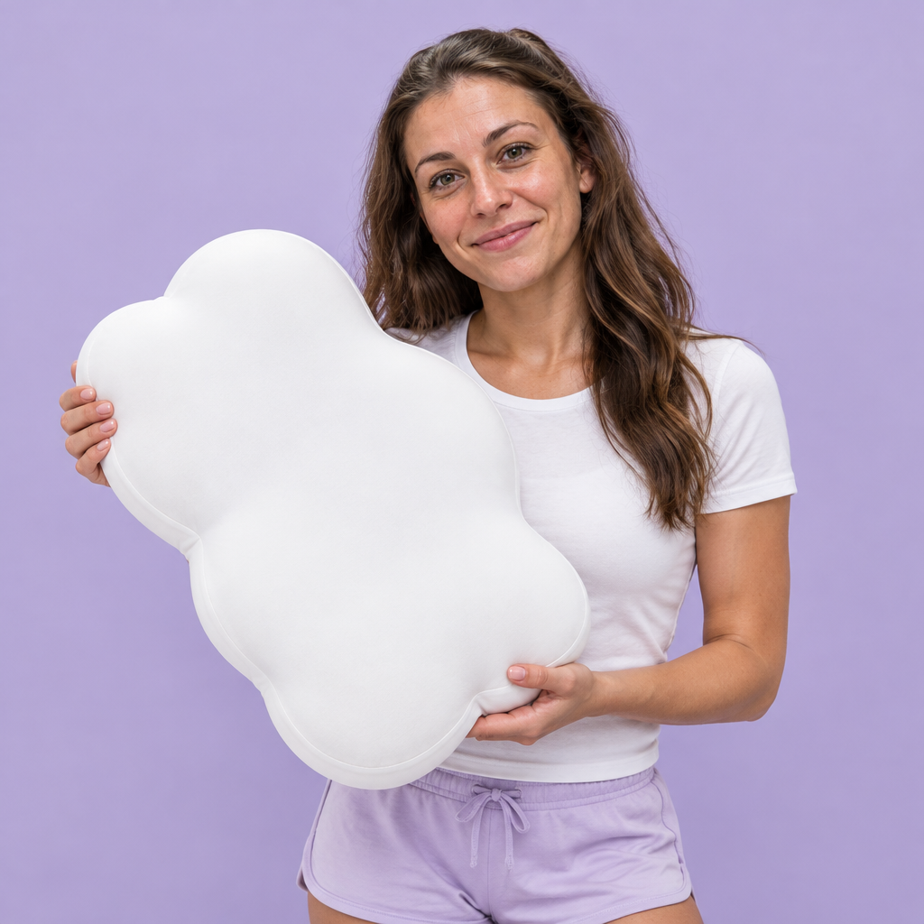 Femme présentant l'oreiller nuage DREAMY NIGHT sur fond lavande